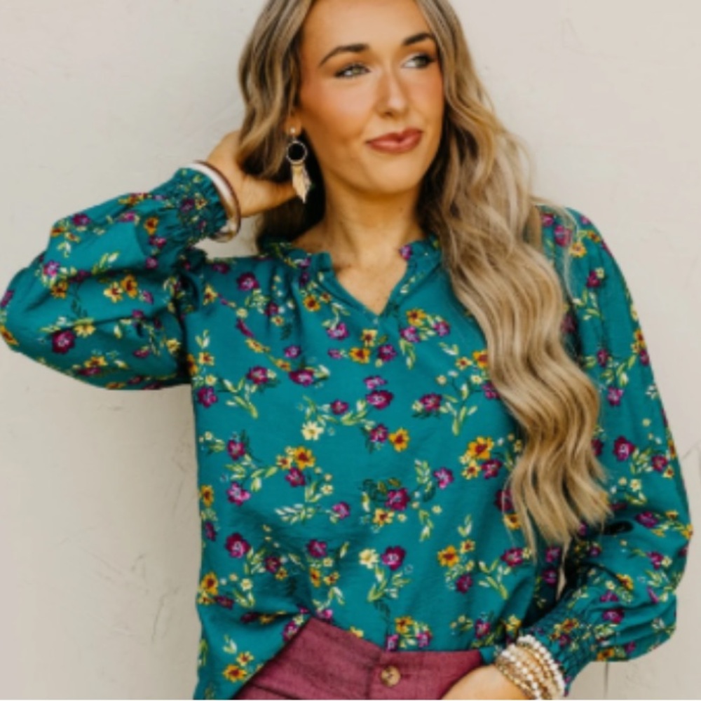 Liz Claiborne Teal Blouse with Floral Accents